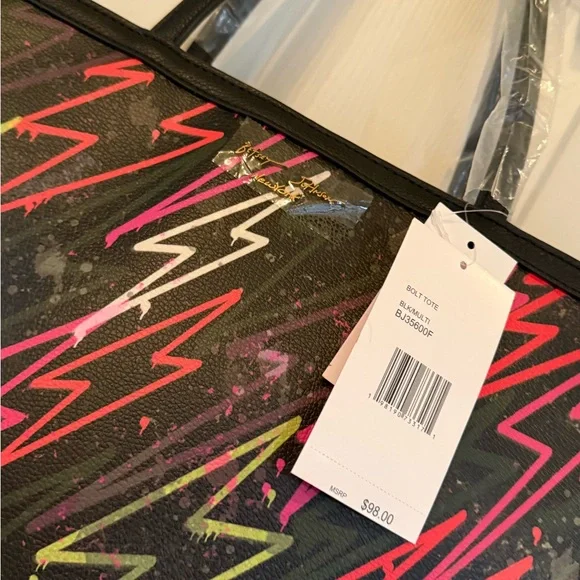 Betsey Johnson Black and Neon Lightning Tote - Picture 3 of 5